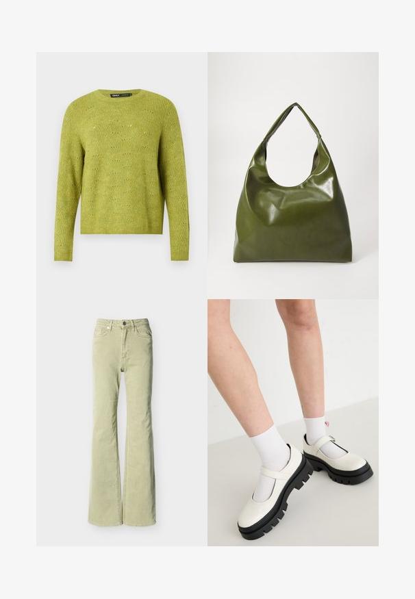 Pull en tricot vert à manches longues avec un motif texturé subtil et un col rond sur un fond uni clair.; Jean évasé vert clair avec fermeture à boutons et glissière, poches avant et arrière, et passants de ceinture sur fond blanc.; Des chaussures Mary Jane en cuir verni blanc avec une semelle noire épaisse, comportant une sangle sur le cou-de-pied et portées avec des chaussettes blanches.; Sac hobo en cuir vert au design décontracté, avec une poignée incurvée et une texture lisse. Ne contient aucun matériel ou accent visible.