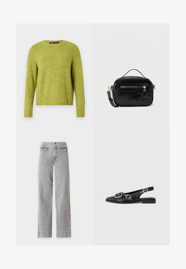 Langærmet grønstrikket sweater med subtilt teksturmønster og rund halsudskæring på en ensfarvet lys baggrund.; Høj talje, lysegrå jeans med vide ben, frontlommer med klapper og dobbelt knaplukning ved linningen.; Sorte læderslingbacksko med spids tå, to sølvspænder og en lav blokhæl. Har en struktureret overdel og åben bag.; Kompakt crossbody-taske i sort læder med gyldent lynlås, lille topstrop, aftagelig rem og sort blomsterformet vedhæng på frontlommen.