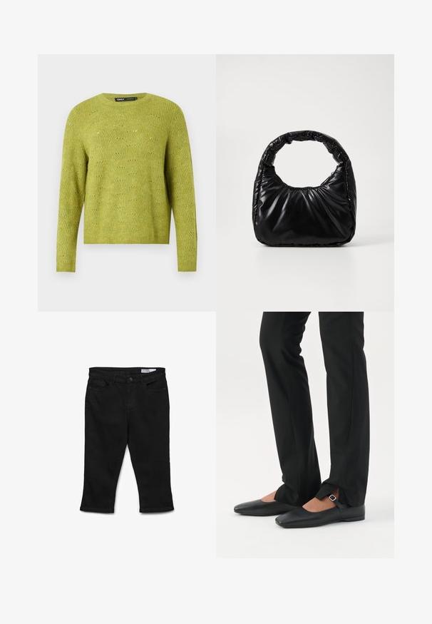 Grüner langärmeliger Strickpullover mit dezentem strukturiertem Muster und rundem Ausschnitt auf schlichtem hellem Hintergrund.; Schwarze Denim-Capri-Hosen mit geradem Schnitt, Fünf-Taschen-Design und vorderem Knopfverschluss. Merkmale sind der gestickte Saum und die glatte Textur.; Beine in schwarzen schmalen Hosen mit vorderen Schlitzen am Saum, kombiniert mit schwarzen flachen Mary-Jane-Schuhen mit kleinem Schnallenriemen.; Schwarze gepolsterte Handtasche mit einem runden Griff, die eine glatte, glänzende Oberfläche und eine weiche, gestepfte Textur aufweist. Keine sichtbare Hardware oder Akzente.