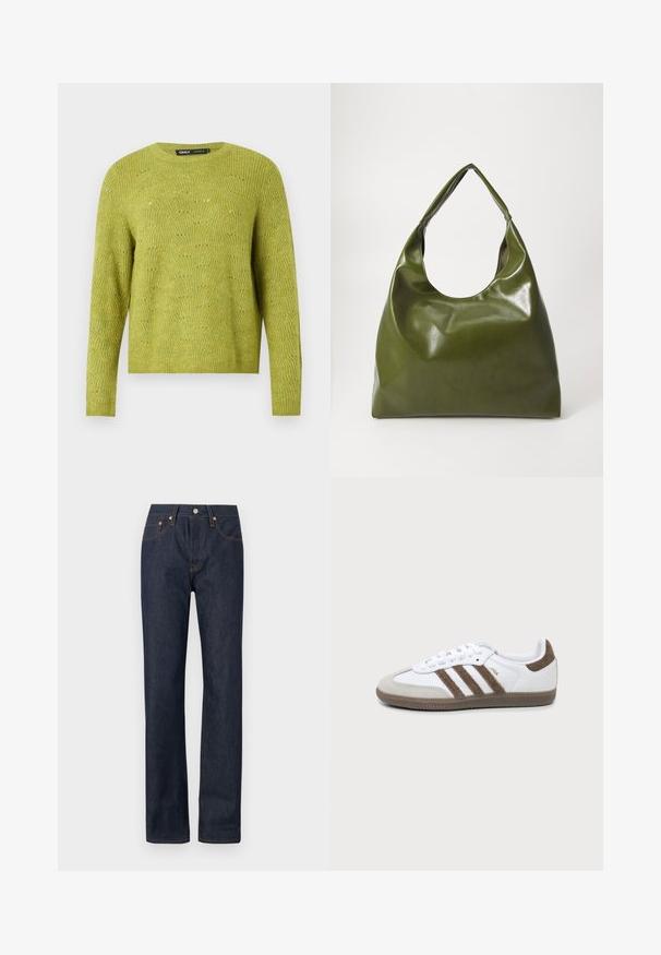 Pull en tricot vert à manches longues avec un motif texturé subtil et un col rond sur un fond uni clair.; Jeans en denim bleu marine avec une coupe droite, ornés de coutures orange, de cinq poches et d'un bouton de fermeture à la taille.; Basket Adidas Samba blanche et marron avec trois bandes marron, lacets et semelle texturée, vue de côté sur fond uni.; Sac hobo en cuir vert au design décontracté, avec une poignée incurvée et une texture lisse. Ne contient aucun matériel ou accent visible.