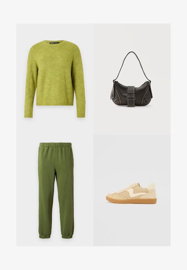 Pull en tricot vert à manches longues avec un motif texturé subtil et un col rond sur un fond uni clair.; Pantalons de survêtement verts en tissu doux. Taille élastique et poignets. Design à jambe droite sans motifs ni matériel visible.; Sneaker beige avec des matériaux en daim et en maille, forme arrondie, col rembourré proéminent et semelle en caoutchouc gomme. Présente un accent de design en forme de vague.; Sac à épaule en cuir noir avec une sangle à boucle, des bords arrondis et des coutures blanches contrastées sur un fond uni.