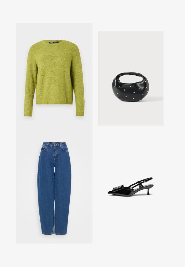 Grüner langärmeliger Strickpullover mit dezentem strukturiertem Muster und rundem Ausschnitt auf schlichtem hellem Hintergrund.; Blaue Jeans aus Denim mit lockerer Passform, hohem Bund und geradem Beinschnitt. Mit traditioneller Naht und fünf Taschen.; Schwarze Lackleder-Slingbacks mit spitzer Zehenpartie, einer Schleifendetail an der Vorderseite und einem kleinen Stiletto-Absatz. Die Riemen haben verstellbare Schnallen.; Schwarze Lederhandtasche mit abgerundeter Form, verziert mit silbernen Nietenakzenten und kurzem Griff. Glatte Struktur und Reißverschlussverschluss.