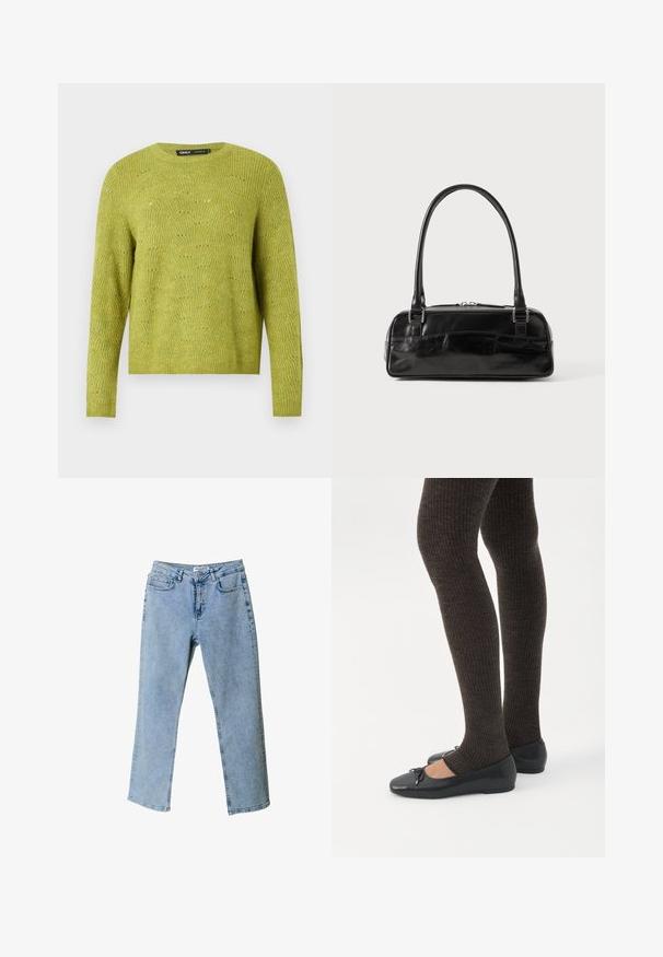 Langærmet grønstrikket sweater med subtilt teksturmønster og rund halsudskæring på en ensfarvet lys baggrund.; Lyseblå denim jeans med lige ben design, fem-lomme stil og en taljebranding. Har lysnede områder for tekstur.; Ben iført mørke ribbede leggings kombineret med sorte balletsko med små sløjfedetaljer på hvid baggrund.; Sort læderhåndtaske med rektangulær form, der har et enkelt struktureret håndtag, sølvhardware og lynlås-lukning. Glat tekstur.