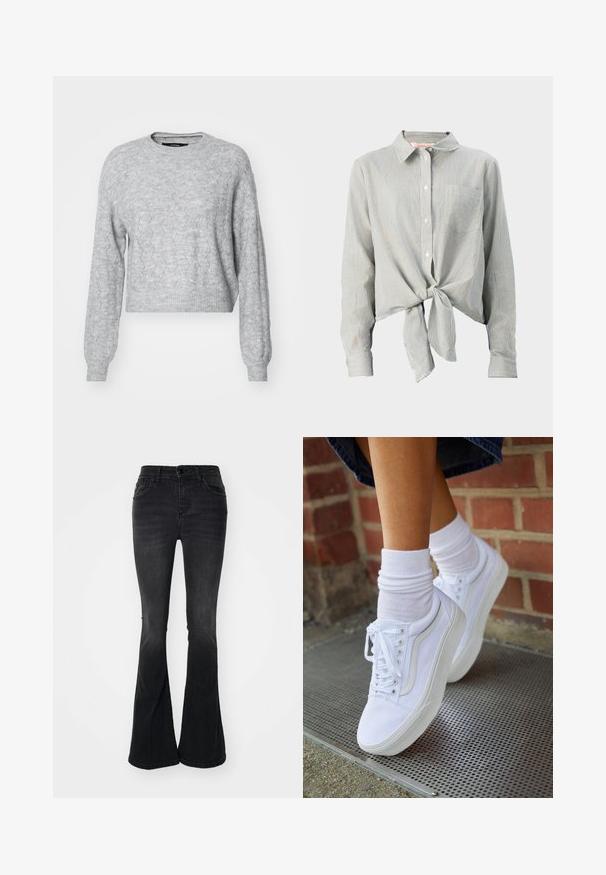 Vero Moda VMYEN ONECK - Svetrík - light grey; Košeľa na gombíky so zelenými a bielymi pruhmi, má zaviazanie vpredu, dlhé rukávy a náprsné vrecko. Vyrobená z ľahkej textílie.; Čierne rozšírené džínsy vyrobené z denimu, s vysokým pásom, prednými vreckami, zapínaním na gombík a čistým zakončením na leme.; Biele plátené tenisky s gumovou podrážkou, s piatimi dierkami na šnúrky, okrúhlou špičkou a svetlými švami, doplnené o biele členkové ponožky.