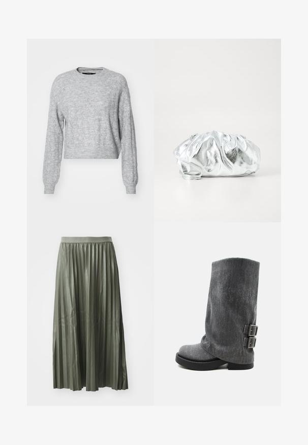 Vero Moda VMYEN ONECK - Pullover - light grey; Jupe midi plissée en vert doux, réalisée en tissu brillant. Elle possède une taille élastique et tombe au milieu du mollet avec des plis verticaux régulièrement espacés.; Botte grise molle mi-mollet avec semelle noire et deux boucles latérales ajustables, vue de profil sur fond blanc.; Pochette argent métallique avec un corps doux et froncé et une fine bandoulière. Présente une texture lisse et brillante ainsi qu'une forme arrondie.