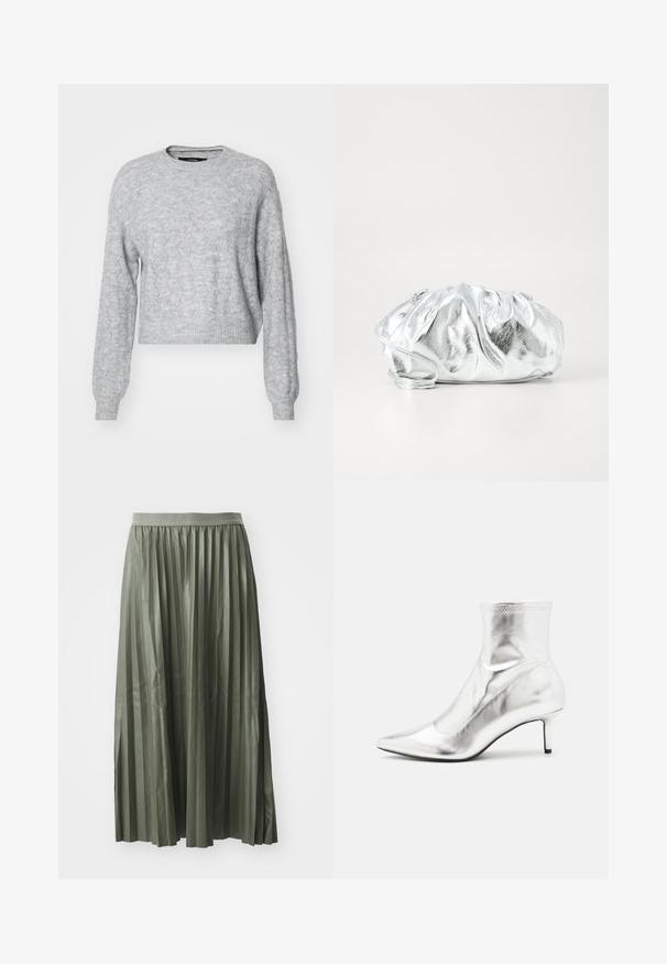 Vero Moda VMYEN ONECK - Džemper - light grey; Pleated midi seelik hallikas roheline, valmistatud läikivast kangast. Omab elastset vööd ja ulatub keskmise sääreni, ühtlaste vertikaalsete voldikutega.; Hõbedane metallikust pahkluu saabas, millel on terav varvas ja kitsas konts. Omab tihedat istuvust ja sujuvat, läikivat tekstuuri. Ülaosas on õmblusaktsendid.; Metallik hõbedane vist välja kott pehme, kokku korjatud kehaga ja õhukese õlavarre rihmaga. Omab siledat, läikivat tekstuuri ja ümmargust kuju.