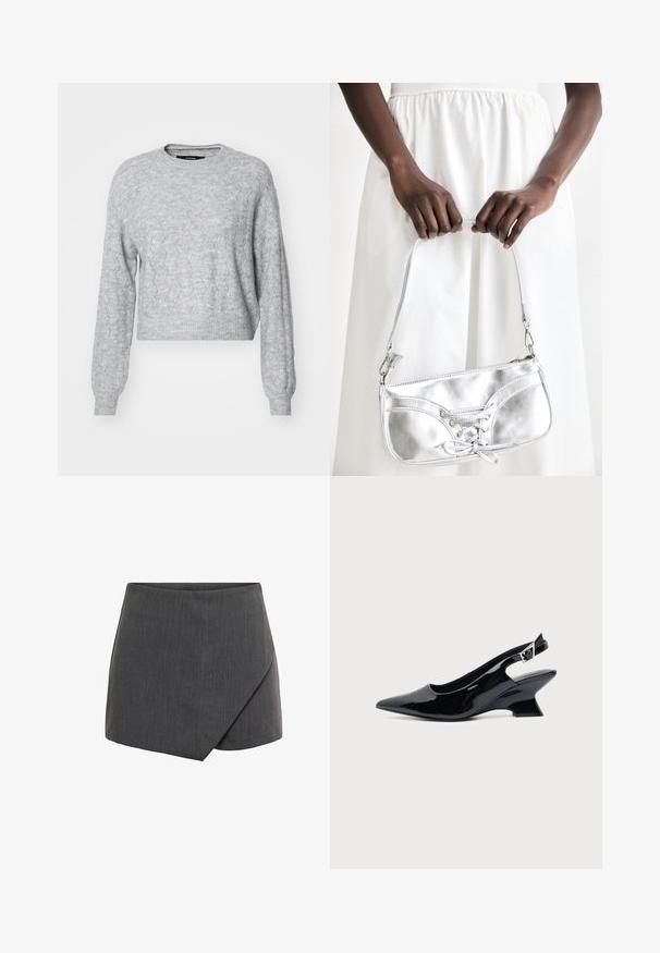 Vero Moda VMYEN ONECK - Striktrøje - light grey; Grå kort nederdel med wrap-design i et glat, tekstureret stof. Skræddersyet pasform med en skrå afslutning og rene kanter.; Sort laklæder slingback sko med spids tå og lav vinklet blokhæl på ensartet lys baggrund.; Sølvmetallic håndtaske med snøredetaljer, der har et slankt design og en kort strop. Tasken holdes i hænderne for at fremvise dens tekstur.