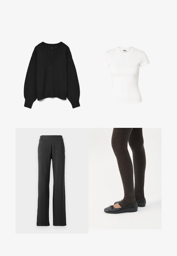 Suéter negro de punto con un escote en V profundo, hombros caídos y puños y dobladillo acanalados. Textura suave con un ajuste holgado. Sin patrones visibles.; Camiseta blanca ajustada de manga corta y cuello redondo con etiqueta Urban Classics en el interior del cuello.; Pantalones rectos de color gris oscuro, hechos de una tela suave. Presentan una cinturilla lisa y sin patrones ni acentos visibles.; Piernas con leggings oscuros acanalados combinados con bailarinas negras que presentan pequeños detalles de lazo sobre un fondo blanco.