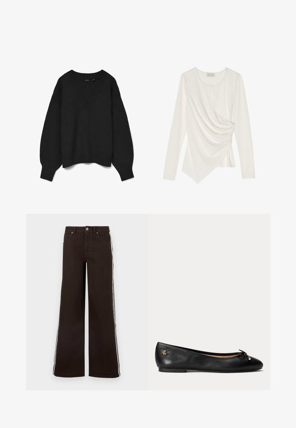 Sort strikket sweater med dyb V-hals, drop skuldre og ribbede manchetter og kant. Blød tekstur med oversized pasform. Ingen synlige mønstre.; Langærmet top i hvid, med et draperet design, asymmetrisk nederkant og rund halsudskæring med en subtil detalje i midten.; Brune viddeben jeans lavet af denim med hvide sidelister, klassisk fem-lomme-design og lukning med metal-knap.; Sort læder balletflad sko med lille sløjfe og gyldent logodetalje ved hælen, flad sål og rundet tå.