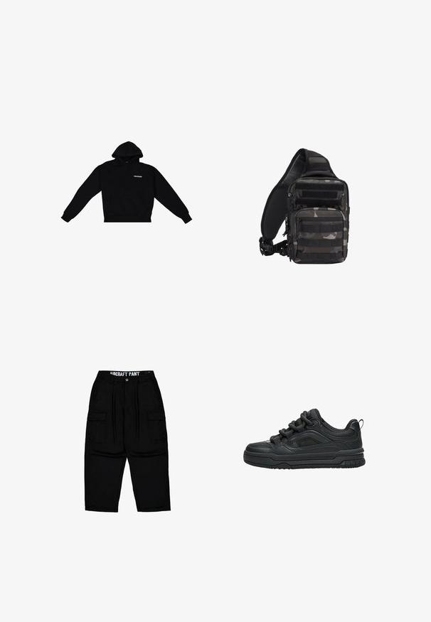Schwarzer Kapuzenpullover aus weichem Stoff, mit einer Kängurutasche und einem weißen "DROPSIZE"-Logo auf der Brust. Mit Bündchen an den Ärmeln und dem Saum.; Schwarze Cargo-Hose mit Gürtelschlaufen, Frontknopf, Reißverschluss, seitlichen Klappentaschen und dem Aufdruck "AIRCRAFT PANT" am inneren Bund.; Schwarzer Low-Top-Sneaker mit dicker Sohle, gepolstertem Kragen, Mesh-Einsätzen und kräftigen Schnürsenkeln, dargestellt vor weißem Hintergrund.; Kompakte schwarze und graue Camouflage-Taktik-Slingtasche mit mehreren Reißverschlussfächern und verstellbarem, gepolstertem Schultergurt.