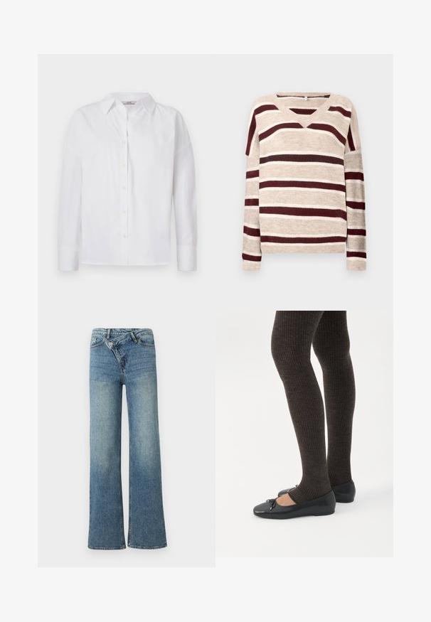 V-hals sweater i beige med mørkerøde og cremefarvede striber. Har lange ærmer og ribkant. Blød tekstur og afslappet pasform.; Hvid skjorte med knapper, lavet af bomuld, med lange ærmer, klassisk krave og subtile syningsdetaljer.; Lyseblå denim jeans med vide ben og høj talje, let falmet effekt og knaplukning foran. Har fem lommer og minimal syning.; Ben iført mørke ribbede leggings kombineret med sorte balletsko med små sløjfedetaljer på hvid baggrund.
