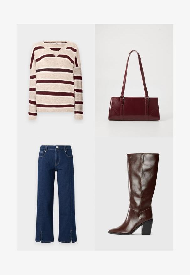 V-hals sweater i beige med mørkerøde og cremefarvede striber. Har lange ærmer og ribkant. Blød tekstur og afslappet pasform.; Mørkeblå denim wide-leg jeans med høj talje, der har sidelommer, frontlukning med knap og slidser i kanten for ekstra detaljer.; Høj, mørkebrun læderstøvle med spids tå og stablet blokhæl, vist fra siden på en ensfarvet baggrund.; Bordeaux håndtaske lavet af glansfuldt materiale, rektangulær form, med to skulderremme og subtile buede detaljer på forsiden.