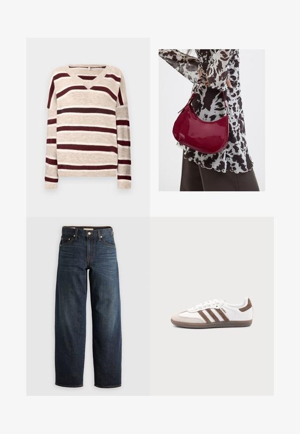 V-hals sweater i beige med mørkerøde og cremefarvede striber. Har lange ærmer og ribkant. Blød tekstur og afslappet pasform.; Mørkeblå denimjeans med lige ben, fem lomme-stil og kontrastsyninger samt knappelukning.; Hvid Adidas Samba sneaker med brune ruskindstriber, brun gummisål og beige ruskindståhætte, vist fra ydersiden på en ensfarvet baggrund.; Kvinde iført en sort- og hvidmønstret bluse, der holder en blank rød skuldertaske mod en ensfarvet baggrund.