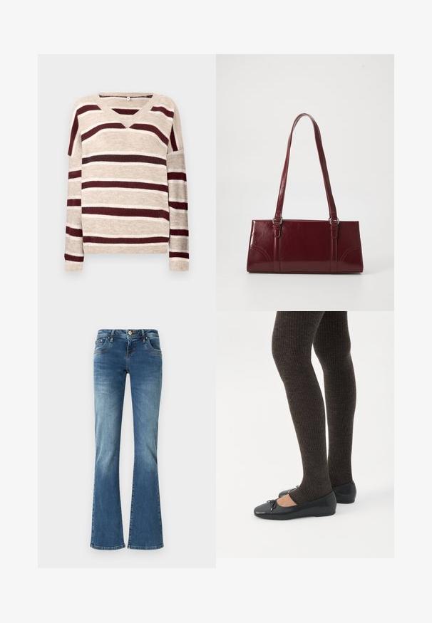 Beige V-hals trui met donkerrode en crèmekleurige strepen. Heeft lange mouwen en een geribbelde boord. Zachte textuur en een ontspannen pasvorm.; Flared denim jeans in medium blue met contrasterende stiksels, vijf zakken en een klassieke knop- en ritssluiting.; Benen met donkere geribbelde leggings gecombineerd met zwarte ballerina's met kleine strikdetails op een witte achtergrond.; Bourgondische handtas van glanzend materiaal, rechthoekige vorm, met twee schouderbanden en subtiele gebogen accenten aan de voorkant.