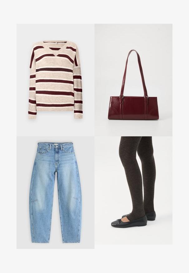 V-hals sweater i beige med mørkerøde og cremefarvede striber. Har lange ærmer og ribkant. Blød tekstur og afslappet pasform.; Lyseblå denimjeans med en afslappet pasform, der har høj talje, lige ben og diskrete syninger på frontlommen.; Ben iført mørke ribbede leggings kombineret med sorte balletsko med små sløjfedetaljer på hvid baggrund.; Bordeaux håndtaske lavet af glansfuldt materiale, rektangulær form, med to skulderremme og subtile buede detaljer på forsiden.