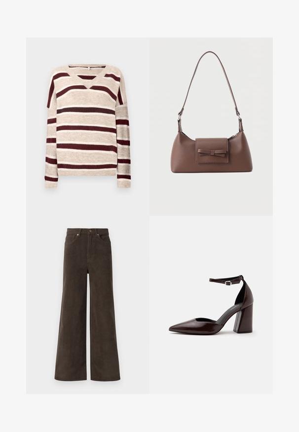 Pull en V beige avec des rayures rouge foncé et crème. Doté de manches longues et d'un ourlet côtelé. Texture douce et coupe décontractée.; Pantalons en velours côtelé larges marron foncé avec poches avant, passants de ceinture et fermeture à boutons à la taille.; Chaussure à talon haut en cuir marron foncé à bout pointu, avec bride à la cheville et boucle argentée sur fond blanc.; Sac à bandoulière en cuir marron avec une poche à rabat avant ornée d'un détail en forme de nœud cousu et une sangle réglable.