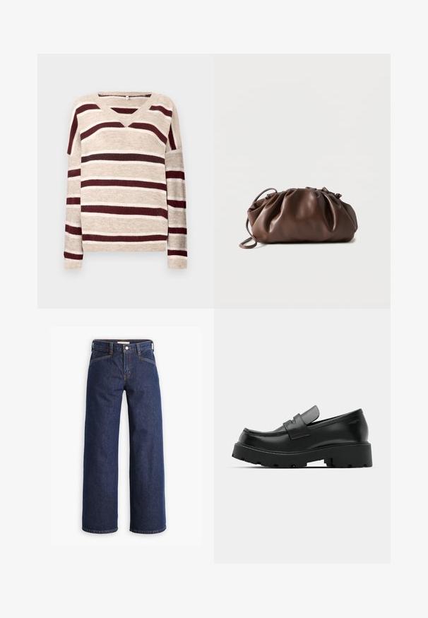 V-hals sweater i beige med mørkerøde og cremefarvede striber. Har lange ærmer og ribkant. Blød tekstur og afslappet pasform.; Mørkeblå denim jeans med høj talje, bred benklipp og diskret orange syninger. Har knap- og lynlåslukning foran.; Sorte læder loafers med en chunky tekstureret sål, der har en rem over vamps og en glat, poleret finish.; Blød brun læderpung med samlet top og tynd strop, hvilende på hvid baggrund.