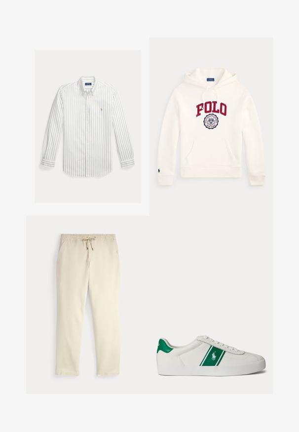 Valge Polo Ralph Laureni kapuutsi kampsun, millel on punane "POLO" tekst ja rindkere ringikujuline logo, ees tasku, nööriga kapuuts ja varrukal väike embleem.; Valge pika varrukaga nööbitav särk, millel on õhukesed vertikaalsed sinised triibud ja väike tikitud logo vasakul rinnal.; Kreemjatavad vabaaja püksid elastse vöökoha ja tõmbluku, sirgete jalgade ja küljetaskutega tavalise tausta ees.; Valge madala säärega toss roheline triibu ja Polo logoga küljel, rohelise kandmisega ja valgete paeltega, esitatud vasakult küljelt lihtsal taustal.