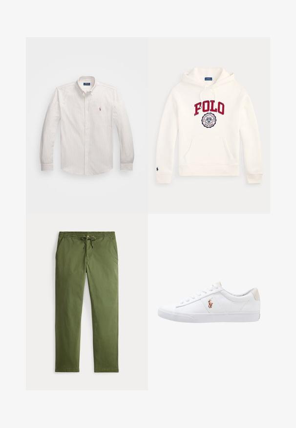 Hvid Polo Ralph Lauren hættetrøje med rød "POLO" tekst og cirkulært logo på brystet, frontlomme, snøre i hætten og lille emblem på ærmet.; Hvid skjorte med knapper og fine lodrette striber i lys beige. Har en klassisk krave, lange ærmer og et lille broderet logo på brystet.; Herre olivengrønne casual bukser med elastisk talje, snøre, knaplukning og sidelommer, præsenteret fladt på hvid baggrund.; Hvide kanvas sneakers med lågtop design, prydet med en beige hælkappe og et lille broderet logo på siden. Gummisål.
