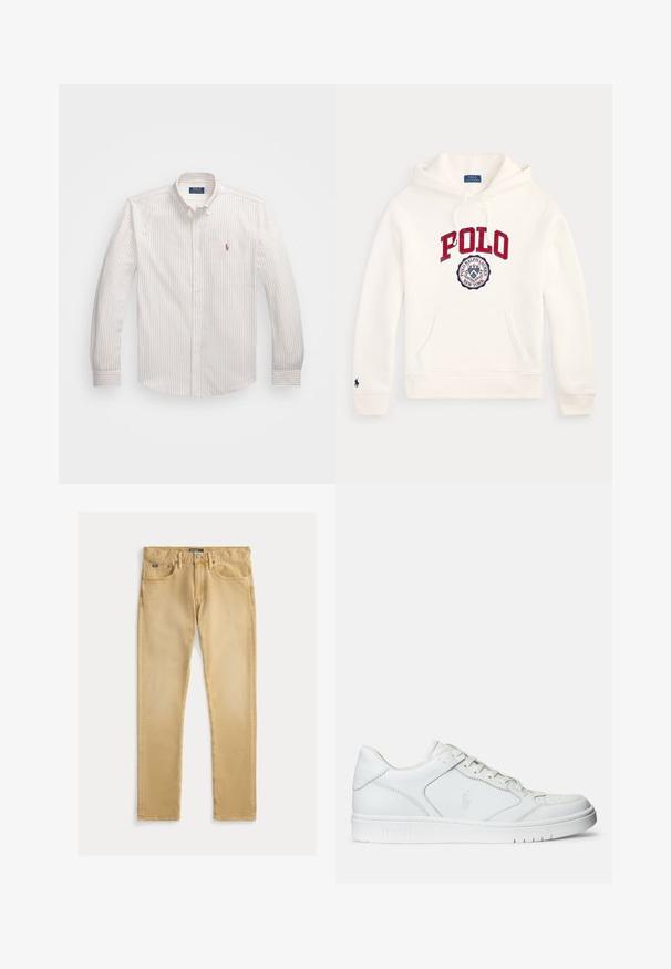 Witte Polo Ralph Lauren hoodie met rode "POLO" tekst en rond logo op de borst, voorzak, capuchon met trekkoord en klein embleem op de mouw.; Witte button-up blouse met dunne verticale strepen in lichtbeige. Heeft een klassieke kraag, lange mouwen en een klein geborduurd logo op de borst.; Beige katoenen jeans met een slim fit, vijf zakken en zichtbare stiksels. Voorzien van een metalen knoop en label op de tailleband.; Witte leren sneaker met een gladde textuur, voorzien van een geperforeerde neus, vetersluiting en geborduurde logo aan de zijkant. Witte rubberen zool.