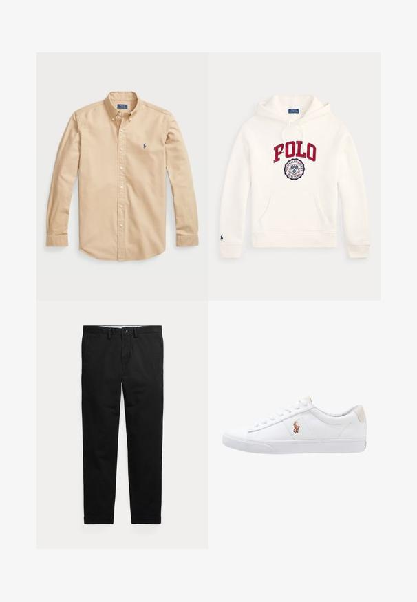 Sweat à capuche blanc Polo Ralph Lauren avec texte rouge "POLO", logo circulaire sur la poitrine, poche avant, capuche à cordon et petit emblème sur la manche.; Chemise boutonnée beige clair en coton, avec un col classique, des manches longues, des boutons blancs et un petit logo bleu sur la poitrine.; Pantalon noir à jambes droites avec passants de ceinture, bouton devant et poches latérales, présenté à plat sur un fond clair.; Baskets en toile blanches avec un design basse, présentant un onglet de talon beige et un petit logo brodé sur le côté. Semelle en caoutchouc.