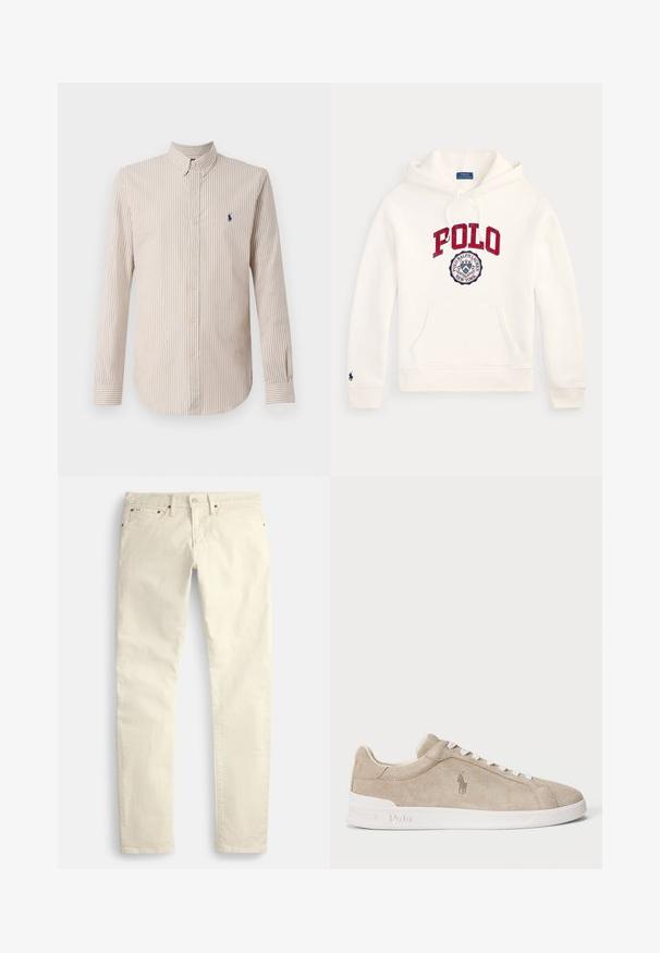 Hvid Polo Ralph Lauren hættetrøje med rød "POLO" tekst og cirkulært logo på brystet, frontlomme, snøre i hætten og lille emblem på ærmet.; Stribet langærmet skjorte i creme og lysebrun, med krave med knapper og et lille marineblåt logo på brystet.; Lysebeige bukser med lige ben lavet af et struktureret stof. Har fem lommer og brune metaldele. Ingen synlige mønstre eller accenter.; Beige ruskinds sneakers med hvide snørebånd og sål, broderet Polo-logo på siden, og "Polo" præget på sålen.
