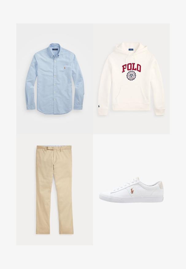 Valge Polo Ralph Laureni kapuutsi kampsun, millel on punane "POLO" tekst ja rindkere ringikujuline logo, ees tasku, nööriga kapuuts ja varrukal väike embleem.; Heledad sinine pika varrukaga nööpidega särk, mis on valmistatud puuvillast, klassikalise kraega ja rinnal on väike punane tikandiga logo.; Beeži sirgete säärega püksid vööaasade ja ees oleva tõmblukuga, laotatud tasaselt valgele taustale.; Valge kanvasest tennis, madala lõikega disain, millel on beež kontsapink ja väike tikitud logo küljel. Kummi välissole.