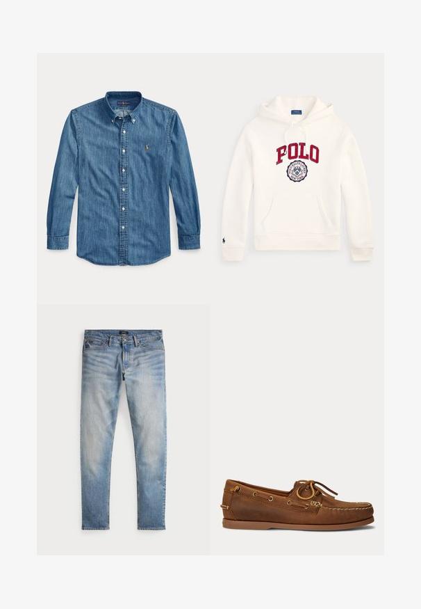 Biela mikina Polo Ralph Lauren s kapucňou s červeným textom "POLO" a kruhovým logom na hrudi, predným vreckom, sťahovacou kapucňou a malým emblémom na rukáve.; Modrá rifľová košeľa s dlhým rukávom, golierom a malým vyšívaným logom na ľavej strane hrudníka vedľa gombíkov.; Svetlomodré denimové nohavice s bledým povrchom, dizajnom na päť vreciek a kontrastným prešívaním. Obsahujú zips a pútka na opasok. Rovný strih.; Hnedá kožená lodná topánka s mokasínovým šitím, detailom šnúrky prestrčenej kovovými očkami a plochou gumovou podrážkou zobrazená z bočného pohľadu.