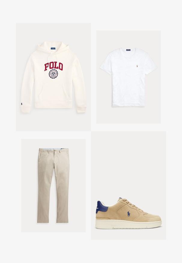 Biela mikina Polo Ralph Lauren s kapucňou s červeným textom "POLO" a kruhovým logom na hrudi, predným vreckom, sťahovacou kapucňou a malým emblémom na rukáve.; Biele tričko s krátkym rukávom a okrúhlym výstrihom, s malým vyšitým logom Polo Ralph Lauren na ľavej strane hrude a modrou značkovou etiketu vo vnútri goliera.; Béžové rovné bavlnené nohavice s prednými vreckami, pútkami na opasok, zapínaním na gombík a zipsom, zobrazené položené na bielom pozadí.; Béžová semišová teniska s tmavomodrou pätkou a logom, bielou podrážkou, šnurovací dizajn a výšivka hráča póla na boku.