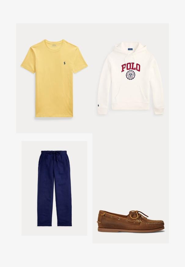Valge Polo Ralph Laureni kapuutsi kampsun, millel on punane "POLO" tekst ja rindkere ringikujuline logo, ees tasku, nööriga kapuuts ja varrukal väike embleem.; Kollane puuvillane T-särk ümmarguse kaelusega ja lühikeste varrukatega. Vasaku rinna peal on väike sinine tikitud logo.; Tumesinised vabaajapüksid elastse vöökoha ja nööriga, küljetaskutega ja lõdva sirge säärega lõikega.; Pruun nahast paatjalats mokasiinõmblusega, paela detail metallist silmuste kaudu tõmmatud ja lame kummist tald küljepealt vaadatuna.