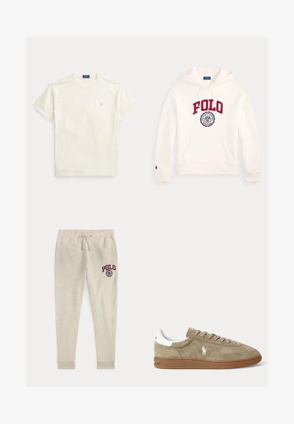 Λευκό φούτερ Polo Ralph Lauren με κόκκινο κείμενο "POLO" και κυκλικό λογότυπο στο στήθος, μπροστινή τσέπη, κουκούλα με κορδόνι και μικρό έμβλημα στο μανίκι.; Μπεζ βαμβακερό μπλουζάκι με κοντά μανίκια. Διαθέτει διακριτικό κεντημένο λογότυπο στο αριστερό στήθος και λαιμόκοψη στρογγυλή.; Μπεζ παντελόνι φόρμας με κορδόνι, πλαϊνές τσέπες και κόκκινο "POLO" λογότυπο και έμβλημα στο πάνω αριστερό μηρό.; Μπεζ low-top σουέτ αθλητικό παπούτσι με καφέ σόλα, λευκή λεπτομέρεια στη φτέρνα, κορδόνια και λευκό κεντημένο λογότυπο παίκτη πόλο στο πλάι.