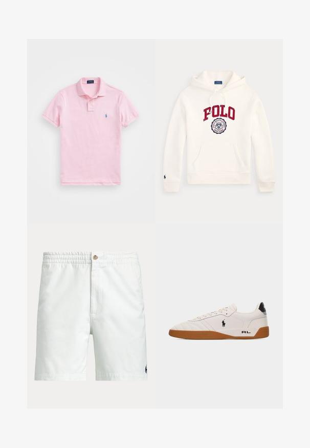 Sweat à capuche blanc Polo Ralph Lauren avec texte rouge "POLO", logo circulaire sur la poitrine, poche avant, capuche à cordon et petit emblème sur la manche.; Polo à manches courtes rose clair avec col boutonné et petit logo bleu brodé sur la poitrine gauche.; Shorts blancs pour hommes avec ceinture élastique, fermeture par bouton, poches latérales et petit logo foncé près de l'ourlet inférieur sur une jambe.; Baskets basses blanches avec semelle en caoutchouc marron, logo Polo Ralph Lauren noir sur le côté, et texte "RL" sur la partie du talon.
