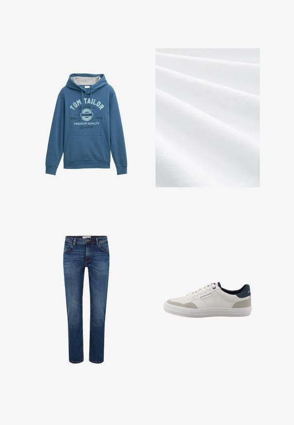 Sudadera azul hecha de tela suave, con un bolsillo canguro en la parte delantera, capucha con cordón y logotipo impreso de "Tom Tailor" con acentos en azul claro.; Tela blanca con una textura suave, que presenta pliegues suaves y un sutil brillo. El material parece ligero y versátil para diversos usos.; Vaqueros de mezclilla en azul oscuro con un diseño de pierna recta, estilo de cinco bolsillos y costura en contraste. Cintura estándar con cierre de botón.; Zapatilla blanca de corte bajo con acentos beige, collarín de talón azul marino, cordones blancos y suela de goma, con el logo de Tom Tailor en el lateral y la parte trasera.