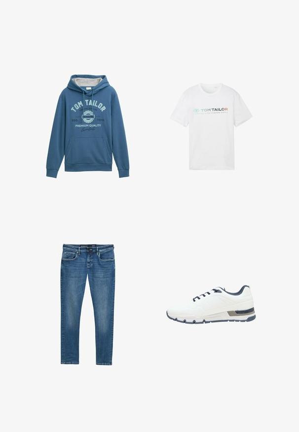 Blå hættebluse lavet af blødt stof, med en front kangaroo lomme, snorehætte og trykt "Tom Tailor" logo med lyseblå detaljer.; Hvid bomulds t-shirt med rund hals, korte ærmer og fronttryk: "TOM TAILOR" med "ESSENTIALS SINCE NINETEEN SIXTY-2."; Blå denim jeans med lige ben, fem-lomme design, subtil vask på lårene, og en waistband label der angiver størrelse 31/32.; Hvide sportsko med marineblå detaljer, struktureret overdel, seks snørrehuller, polstret sål og et diskret mønster på siderne.