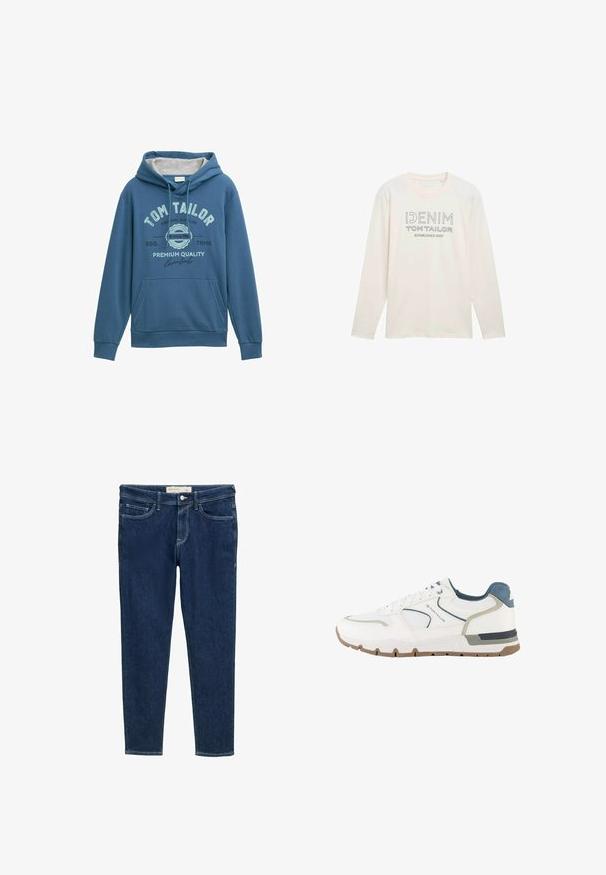 Blauer Hoodie aus weichem Stoff, mit einer vorderen Kängurutasche, einer Kapuze mit Zugband und einem aufgedruckten "Tom Tailor"-Logo mit Akzenten in Hellblau.; Hellbeige Langarmshirt mit Rundhalsausschnitt, auf dem ein graues Logo mit der Aufschrift "DENIM TOM TAILOR ESTABLISHED 2007" gedruckt ist.; Dunkelblaue Jeans mit schmaler Passform, Fünf-Taschen-Design und kontrastierenden weißen Nähten. Knopfverschluss an der Taille und minimale Details.; Weißer und grauer Sportschuh mit blauen Akzenten, Netzgewebe und brauner Sohle, seitlich mit "Tom Tailor"-Marke versehen.