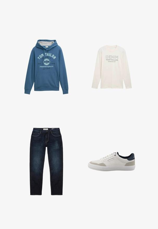 Blauer Hoodie aus weichem Stoff, mit einer vorderen Kängurutasche, einer Kapuze mit Zugband und einem aufgedruckten "Tom Tailor"-Logo mit Akzenten in Hellblau.; Hellbeige Langarmshirt mit Rundhalsausschnitt, auf dem ein graues Logo mit der Aufschrift "DENIM TOM TAILOR ESTABLISHED 2007" gedruckt ist.; Dunkelblaue Denim-Jeans mit normaler Passform, ausgestattet mit einem Reißverschluss, fünf Taschen und kontrastierendem gelben Nähten. Insgesamt glatte Textur.; Weißer Sneaker in Low-Top-Form mit beigen Akzenten, navyblauem Fersenbereich, weißen Schnürsenkeln und Gummisohle, mit Tom Tailor-Logo an der Seite und auf der Rückseite.