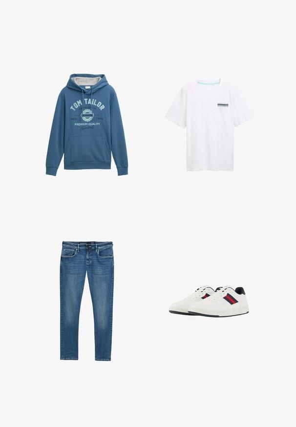 Blå hættebluse lavet af blødt stof, med en front kangaroo lomme, snorehætte og trykt "Tom Tailor" logo med lyseblå detaljer.; Hvid bomulds t-shirt med korte ærmer, med en lomme med en blå og hvid label. Glat tekstur og afslappet pasform.; Blå denim jeans med lige ben, fem-lomme design, subtil vask på lårene, og en waistband label der angiver størrelse 31/32.; TOM TAILOR Sneakers - white navy
