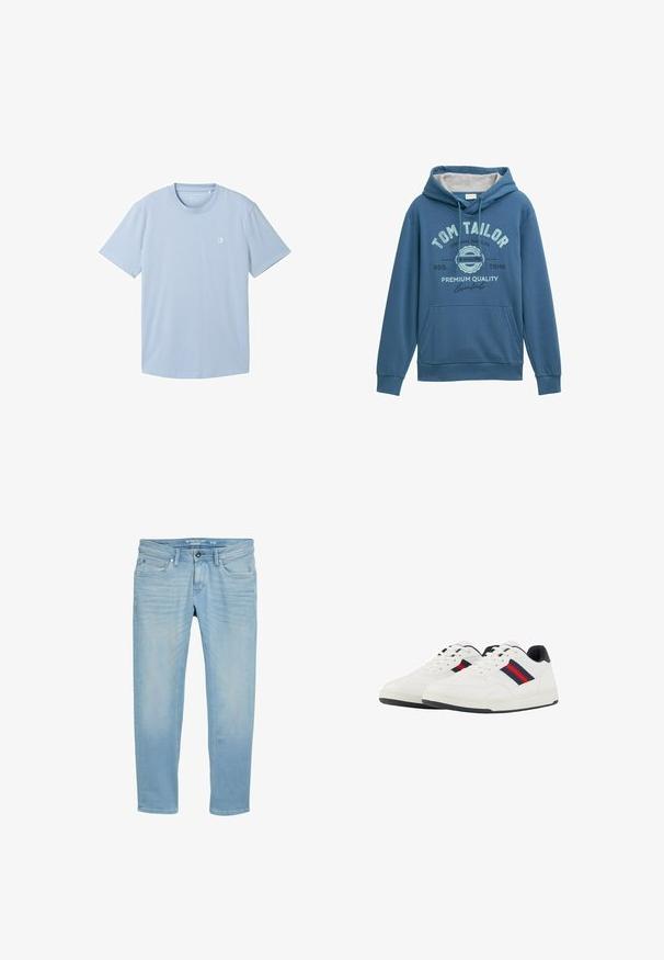Sudadera azul hecha de tela suave, con un bolsillo canguro en la parte delantera, capucha con cordón y logotipo impreso de "Tom Tailor" con acentos en azul claro.; Camiseta de manga corta azul claro hecha de tejido suave, con escote redondo y un pequeño logo en la parte izquierda del pecho. Textura lisa.; Vaqueros tapered de color azul claro con botón frontal, trabillas para cinturón y diseño de cinco bolsillos, tamaño 31/32 de Tom Tailor.; TOM TAILOR Zapatillas - white navy