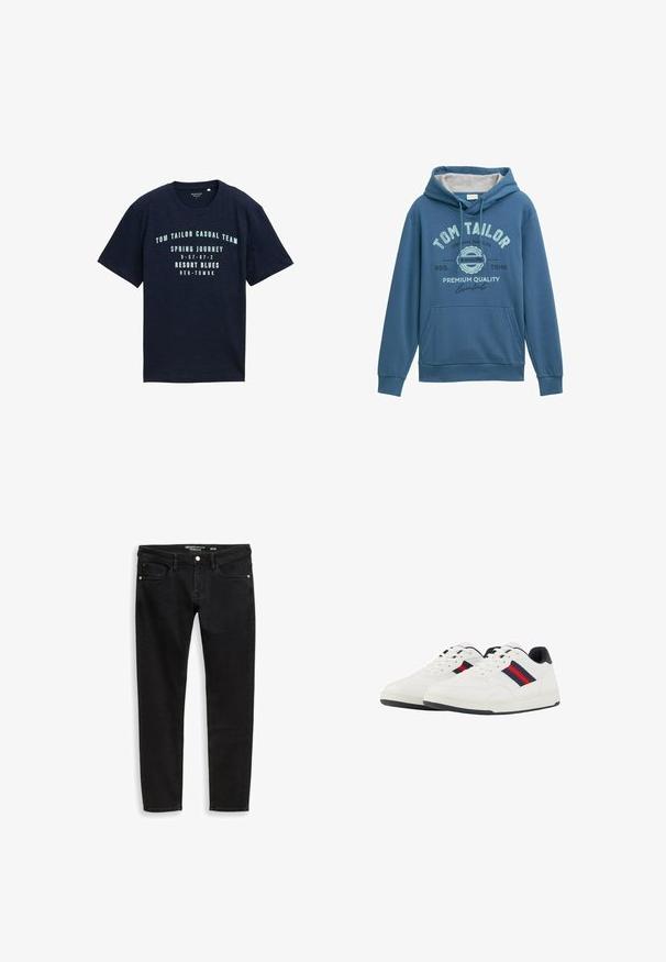 Blauer Hoodie aus weichem Stoff, mit einer vorderen Kängurutasche, einer Kapuze mit Zugband und einem aufgedruckten "Tom Tailor"-Logo mit Akzenten in Hellblau.; Marineblaue Kurzarm-Baumwoll-T-Shirt mit runder Ausschnitt, versehen mit bedrucktem weißen Text und Zahlen auf der Vorderseite in einem lässigen Design.; Schwarze Slim-Fit-Denim-Jeans mit vorderem Knopf und Taschen, flach auf weißem Hintergrund liegend.; TOM TAILOR Sneaker low - white navy