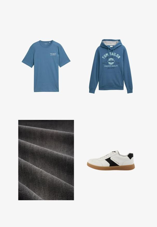 Blauwe hoodie van zachte stof, met een voorzak in kangoeroestijl, een capuchon met trekkoord en een gedrukt "Tom Tailor" logo met accenten in lichtblauw.; Blauwe katoenen t-shirt met korte mouwen, ronde halslijn en subtiele geprinte logo op de linkerkant van de borst. Zachte textuur, casual pasvorm.; Donkergrijze stof met een zachte textuur, weergegeven in plooien. De weving is strak, wat een gladde, uniforme oppervlakte laat zien.; Witte sneaker met zwarte zijaccent, bruine zool, veters en het "Tom Tailor" logo aan de zijkant en op de zool.