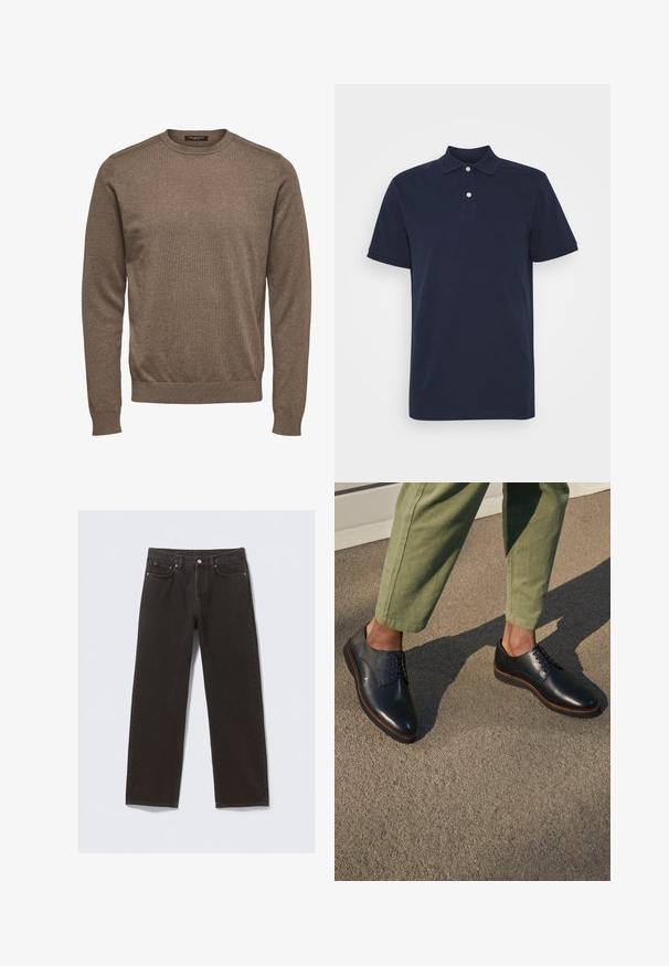 Brun langærmet rundhalset sweater med ribmanchetter og kant, lavet af fint strikket stof, mærke Selected Homme.; Marineblå bomuldspolo med klassisk krave, korte ærmer, tre knaplukninger og ingen synlige mønstre eller detaljer.; Svarte denimjeans med straight-leg design, fem lommer og kobberfarvet syning. Glat tekstur, klassisk knaplukning i taljen.; Sorte læder snøresko med spidse tæer og brune syninger, båret med grønne bukser på en grå overflade.