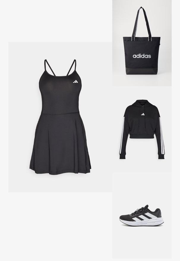 Sudadera corta negra con bolsillo tipo canguro frontal, cordones ajustables y acentos de tres rayas blancas en las mangas. Presenta un logo.; Vestido deportivo negro con un cuerpo ajustado, tirantes finos y falda acampanada. Cuenta con el logo de Adidas en blanco en la parte superior izquierda. Textura suave.; Zapatilla deportiva negra con un upper de tela texturizada, que presenta tres rayas blancas en el lateral, una entresuela blanca y una suela de goma.; Bolsa de tote negra con el logo "adidas" en gris, hecha de un tejido duradero, con dos correas para el hombro y un panel inferior negro en contraste.