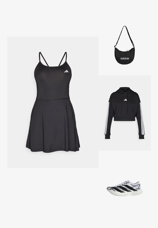Sudadera corta negra con bolsillo tipo canguro frontal, cordones ajustables y acentos de tres rayas blancas en las mangas. Presenta un logo.; Vestido deportivo negro con un cuerpo ajustado, tirantes finos y falda acampanada. Cuenta con el logo de Adidas en blanco en la parte superior izquierda. Textura suave.; Zapatilla de correr con diseño en blanco, plata y negro, suela blanca gruesa etiquetada como Lightstrike Pro y tres rayas negras en el lateral.; Bolso de hombro de tela negra con forma semicircular, que cuenta con un cierre con cremallera, correa ajustable y el logo blanco de Adidas en el frente.
