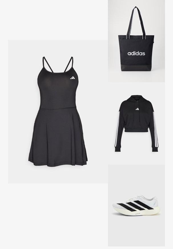 Sudadera corta negra con bolsillo tipo canguro frontal, cordones ajustables y acentos de tres rayas blancas en las mangas. Presenta un logo.; Vestido deportivo negro con un cuerpo ajustado, tirantes finos y falda acampanada. Cuenta con el logo de Adidas en blanco en la parte superior izquierda. Textura suave.; Zapatilla de running blanca con diseño negro de tres franjas en el lateral y suela blanca gruesa con la etiqueta "Lightstrike Pro" sobre fondo liso.; Bolsa de tote negra con el logo "adidas" en gris, hecha de un tejido duradero, con dos correas para el hombro y un panel inferior negro en contraste.
