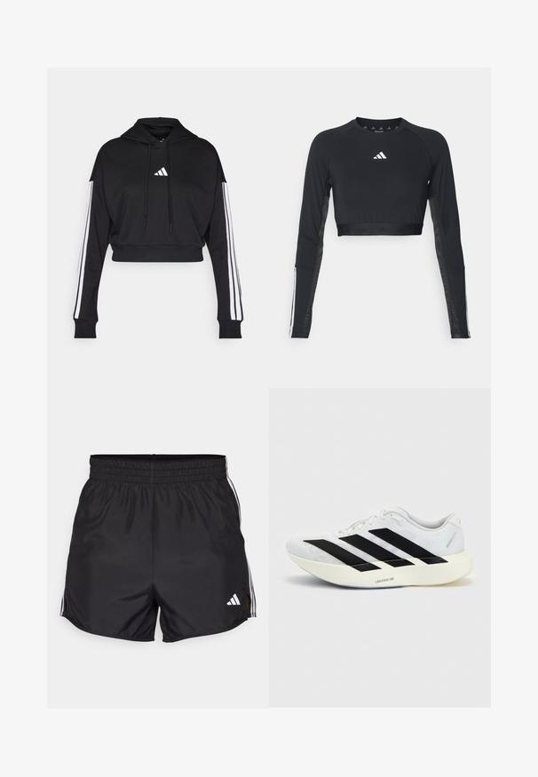 Μαύρο κοντό hoodie με μπροστινή τσέπη καγκουρό, ρυθμιζόμενα κορδόνια και λευκές τρεις ρίγες στα μανίκια. Περιλαμβάνει λογότυπο.; Μαύρος κοντός μανίκι επαγγελματικός τοπ από απαλό ύφασμα. Διαθέτει λευκό λογότυπο στο στήθος και ριγέ λεπτομέρειες στους μανίκια.; Μαύρα αθλητικά σορτς με ελαστική μέση, πλαϊνές σχισμές και λευκές τρεις ρίγες. Διαθέτει ένα μικρό λευκό λογότυπο στο κάτω δεξί μέρος.; Λευκό αθλητικό παπούτσι με μαύρο σχέδιο τριών ρίγων στην πλευρά και παχιά λευκή σόλα με την ετικέτα "Lightstrike Pro" σε μονόχρωμο φόντο.
