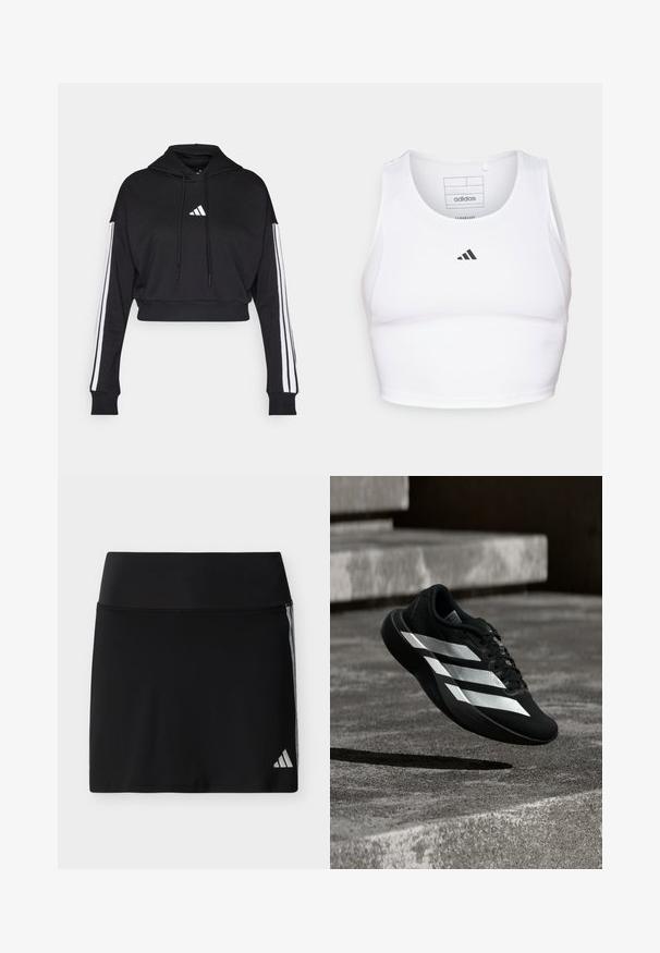 Schwarzer, kurz geschnittener Hoodie mit einer vorderen Kängurutasche, verstellbaren Kordelzügen und weißen Drei-Streifen-Akzenten an den Ärmeln. Mit Logo.; Weißes sportliches Crop-Top aus leichtem, atmungsaktivem Material. Mit Mesh-Seitenpanelen und schwarzem, gesticktem Logo auf der Brust.; Schwarzer Sportrock mit breitem Bund, dezenten seitlichen Streifen und kleinem Adidas-Logo am unteren rechten Saum.; Schwarzer Laufschuh mit drei weißen Streifen schwebt in der Luft über Betontreppen und wirft darunter einen Schatten.