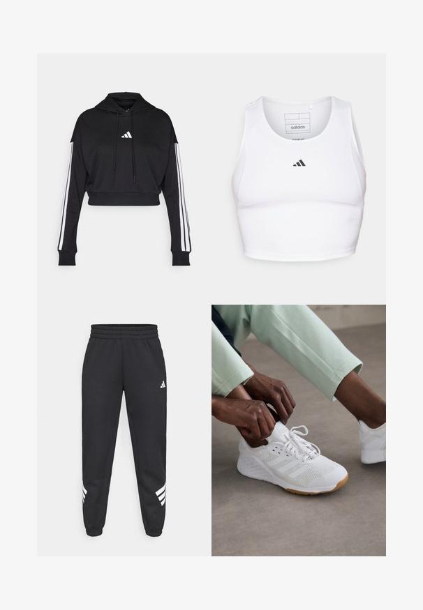 Μαύρο κοντό hoodie με μπροστινή τσέπη καγκουρό, ρυθμιζόμενα κορδόνια και λευκές τρεις ρίγες στα μανίκια. Περιλαμβάνει λογότυπο.; Άσπρο αθλητικό crop top από ελαφρύ, αναπνεύσιμο ύφασμα. Διαθέτει δικτυωτές πλευρικές πάνελ και μαύρο κεντητό λογότυπο στο στήθος.; Μαύρες φόρμες με ελαστική μέση, στενές ποδιές και λευκή σχεδίαση με τρεις ρίγες στα πλάγια. Φτιαγμένες από μαλακό ύφασμα.; Λευκό αθλητικό παπούτσι με πλέγμα στο πάνω μέρος, καουτσούκ στον πάτο και τρεις ρίγες στον σχεδιασμό. Οι κορδόνες ρυθμίζονται, ενώ διακρίνονται ρούχα σε ανοιχτό γκρι και μέντα.