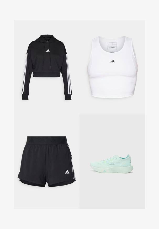 Sort cropped hoodie med en frontkangaroo-lomme, justerbare snore og hvide tre-stribe accenter på ærmerne. Har logo.; Hvid atletisk crop top lavet af letvægts, åndbart stof. Har mesh-sider og sort broderet logo på brystet.; Sorte sport shorts med elastisk talje, der har et tekstureret bånd, sidestreger og et hvidt Adidas-logo på den nederste kant.; Lyseblå løbesko med en mesh-overdel, struktureret sål og polstret krave. Har neonlysende detaljer og et strømlinet design.