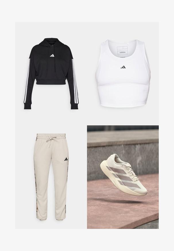 Must tee ülespoole lõigatud kapuutsiga, ees kangaroo tasku, reguleeritavad tõmblukud ja valged kolm riba varrukatel. Omab logo.; Valge sportlik lühike top, mis on valmistatud kergest ja hingavast kangast. Omab võrkkangast külgpaneele ja musta tikandiga logo rinnal.; Heledad beežid dressipüksid pehmest kangast, millel on nööriga vöökoht ja mustad külgpanelid leopardimustriga.; Kreemikas jooksujalats pronksjoontega, hõljumas punakaspruuni plaatpinna ja halli kivist tausta kohal.