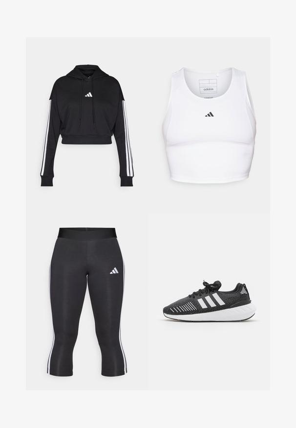Sort cropped hoodie med en frontkangaroo-lomme, justerbare snore og hvide tre-stribe accenter på ærmerne. Har logo.; Hvid atletisk crop top lavet af letvægts, åndbart stof. Har mesh-sider og sort broderet logo på brystet.; Sorte capri leggings med en bred talje, udstyret med hvide sideløsninger og et hvidt Adidas-logo på venstre lår. Glat tekstur.; Sorte sportssko med en struktureret overdel, hvidt tre-stribe-design, gummiydersål og kontrasterende hvide detaljer på hælen.